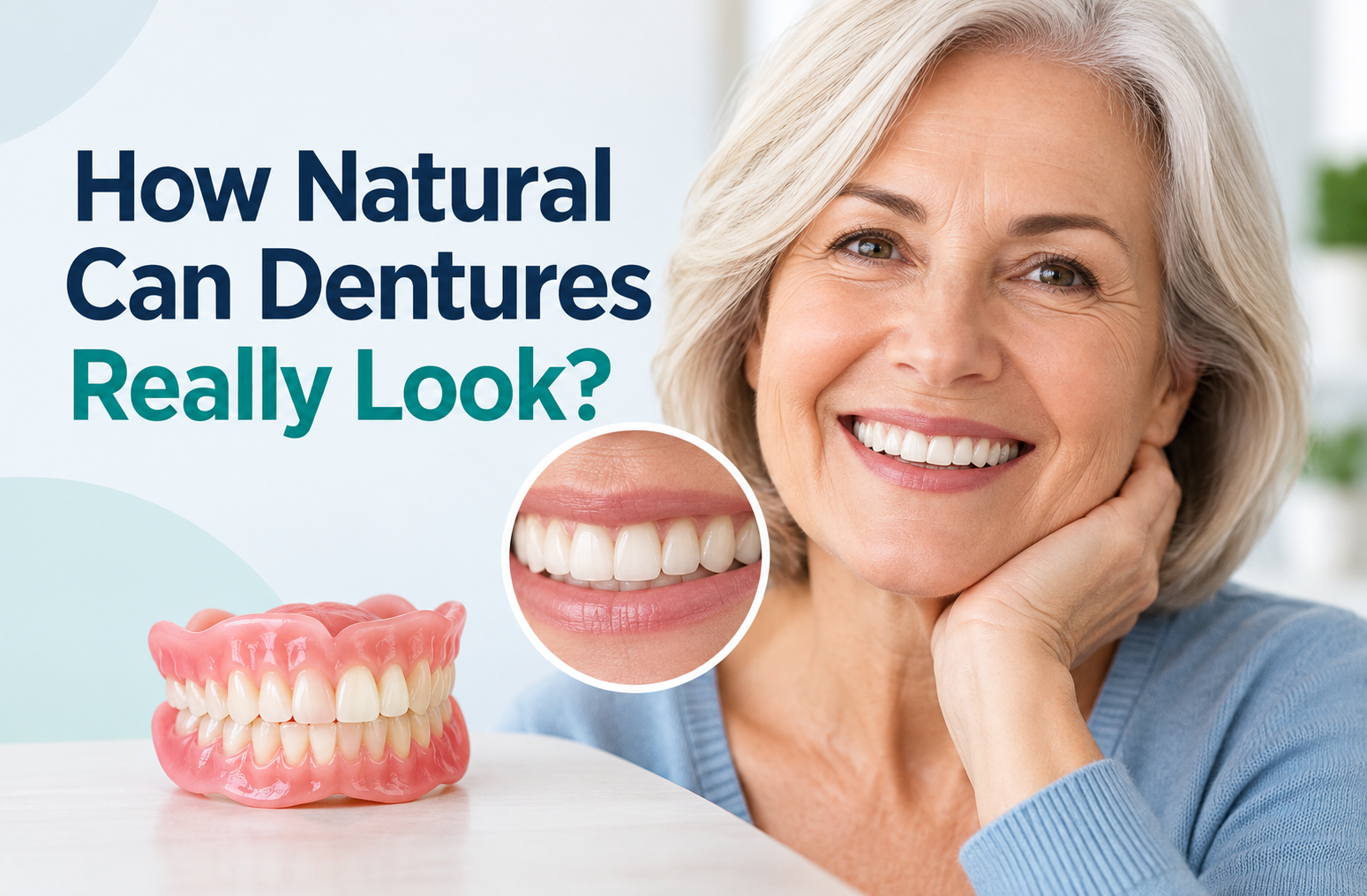 australian women with white hair showing dentures that looks most natural